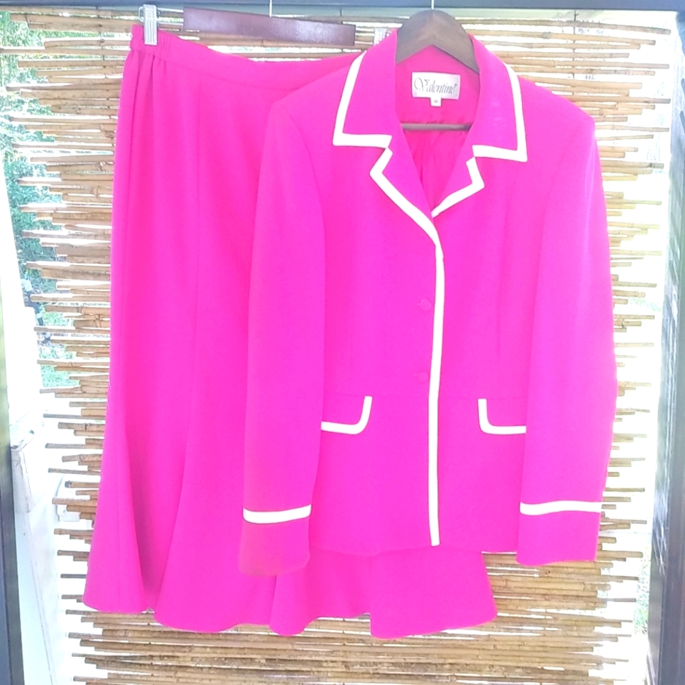 Valentine Suits Inc 10 M Statement Skirt Blazer Suit in Bright Pink White Trim
